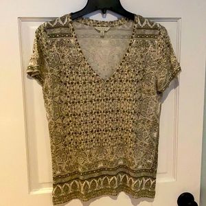 Lucky Brand Beige and Grey Patterned V-neck Tee
